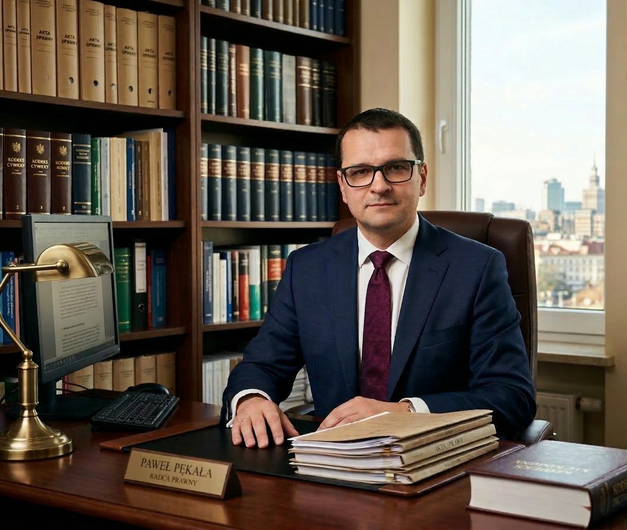 Paweł Pękała, radca prawny prowadzący kancelarię w Siedlcach, w gabinecie przy biurku
